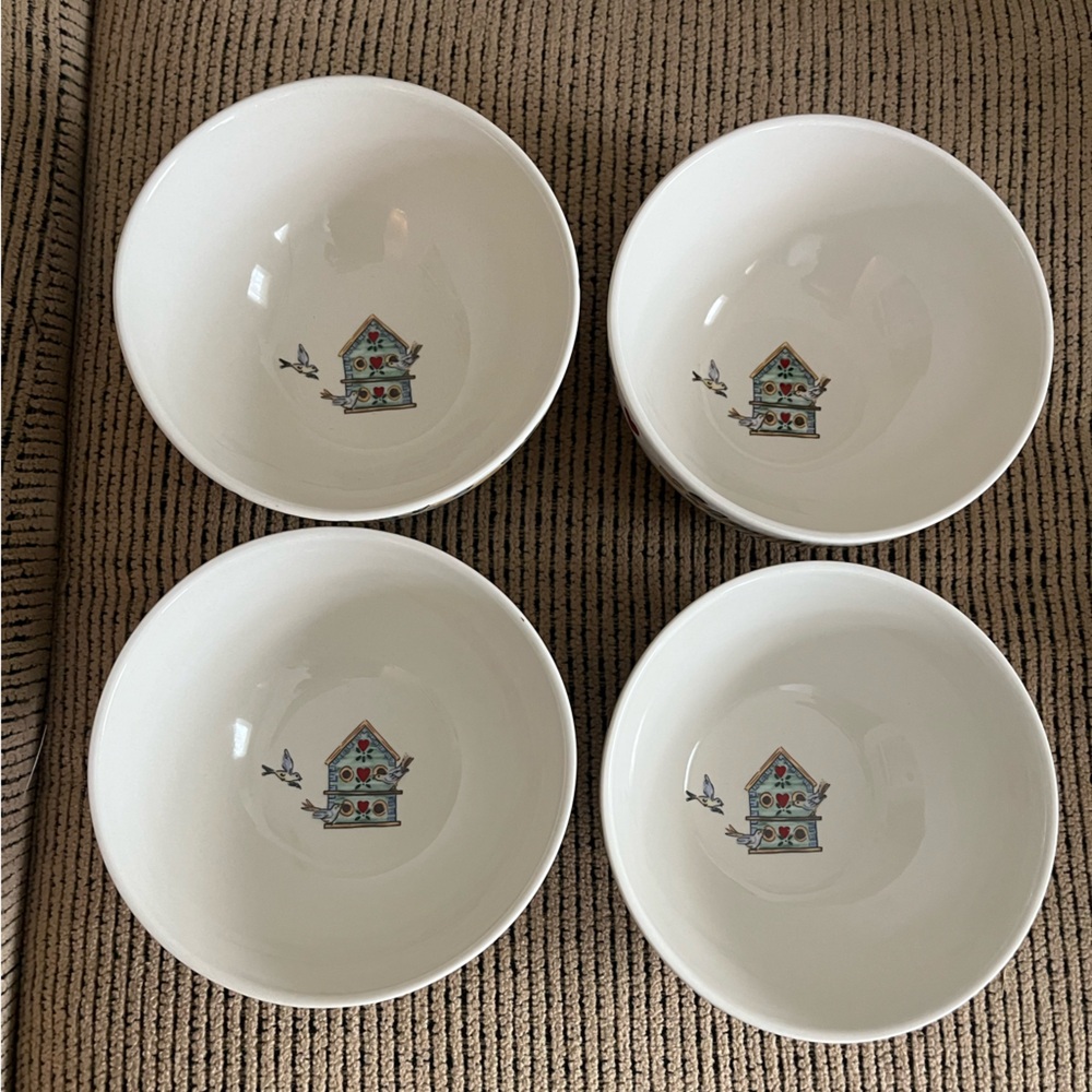 Vintage Thomson Pottery Bird House Set of 4 Soup/Salad Bowls 6" diameter